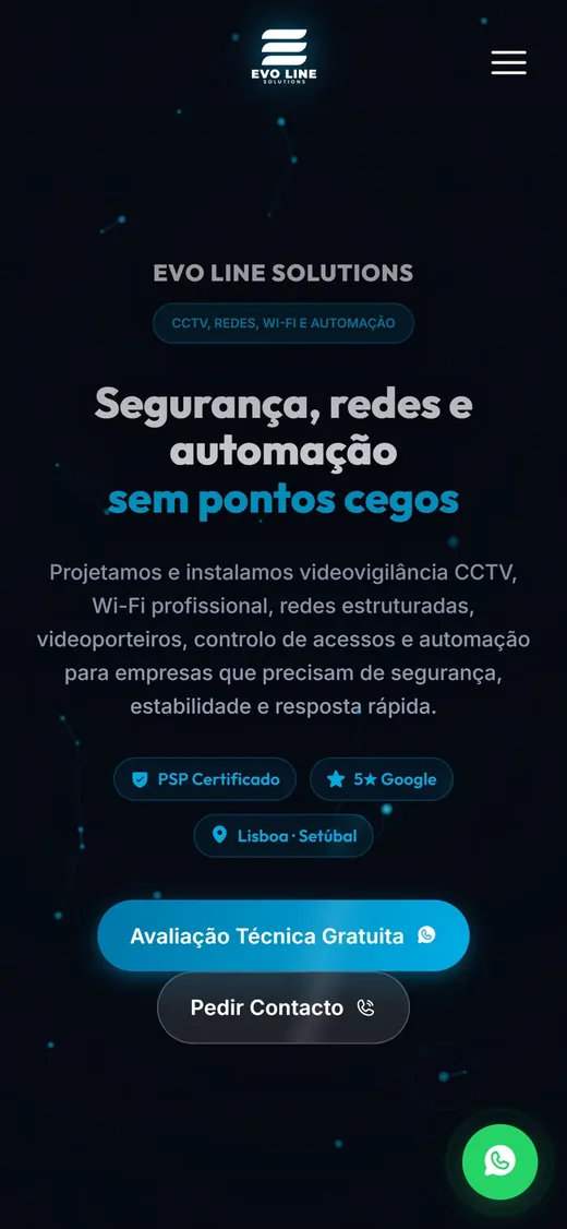 Vista mobile real do website Evoline Solutions em Safari