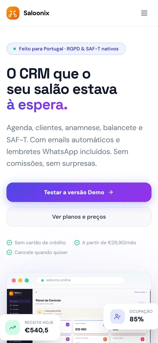 Captura real do painel da versao demo do Saloonix CRM