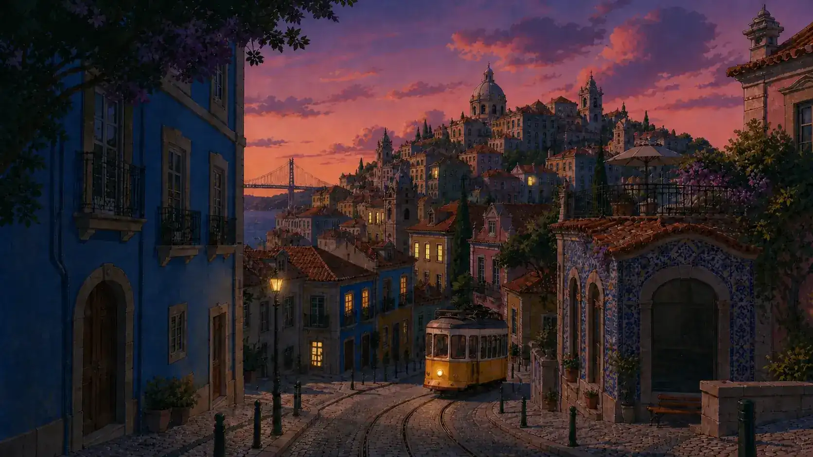 Primeiras luzes de Lisboa ao crepúsculo